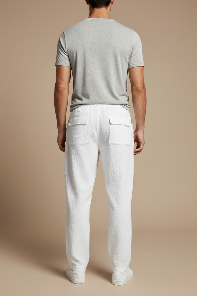 Pantalon Cargo Blanc Léger Cordon Multipoches Décontracté Homme - Lin - vue 2