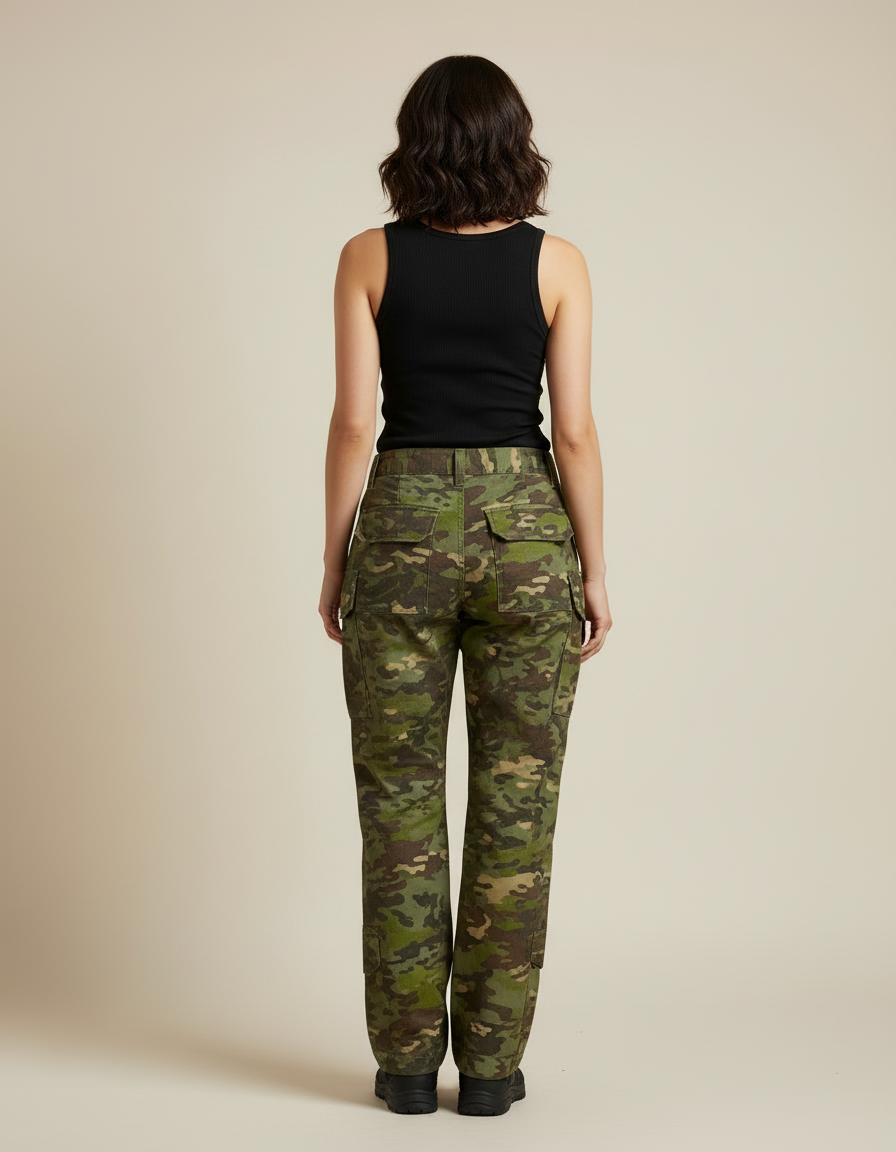 Pantalon Cargo Camouflage Militaire Femme Ample Vert - Toile - vue 2