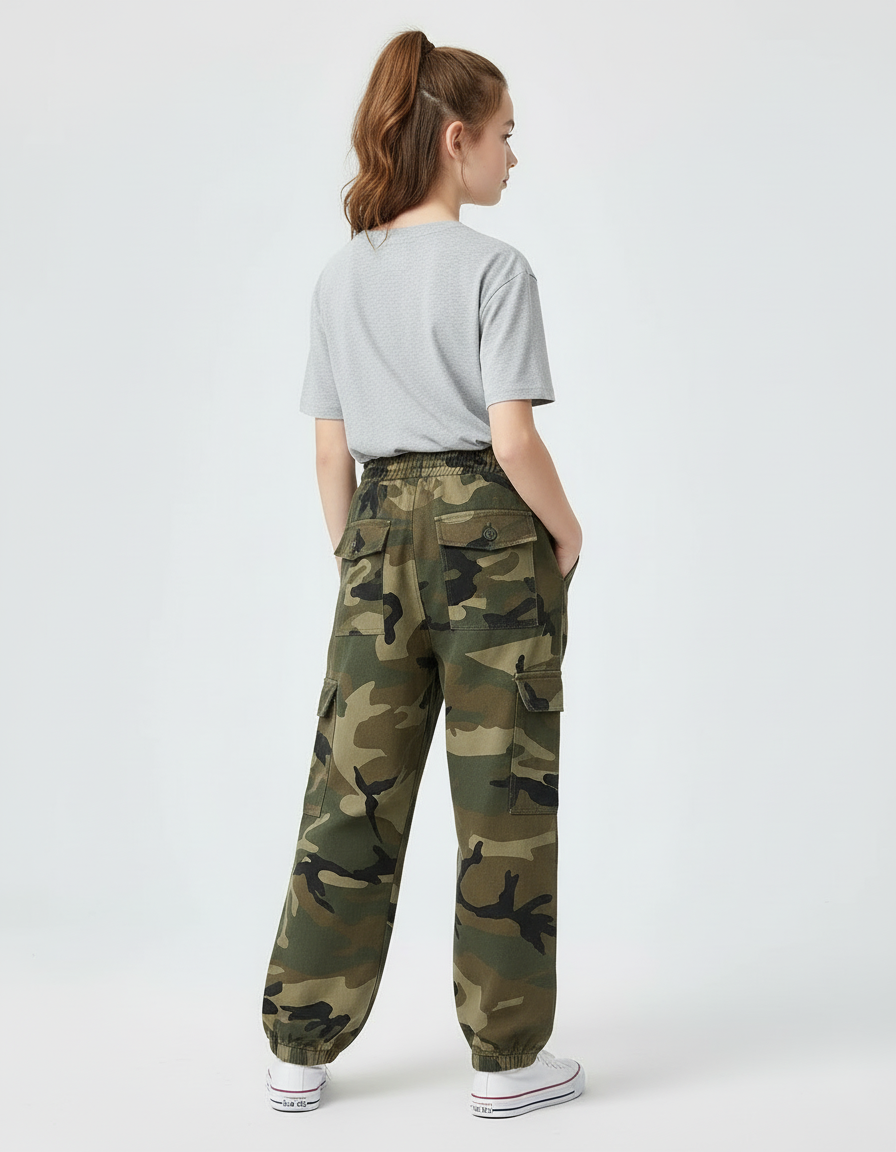 Pantalon Cargo Camouflage Ample Vert Militaire Fille - Molleton - vue 2