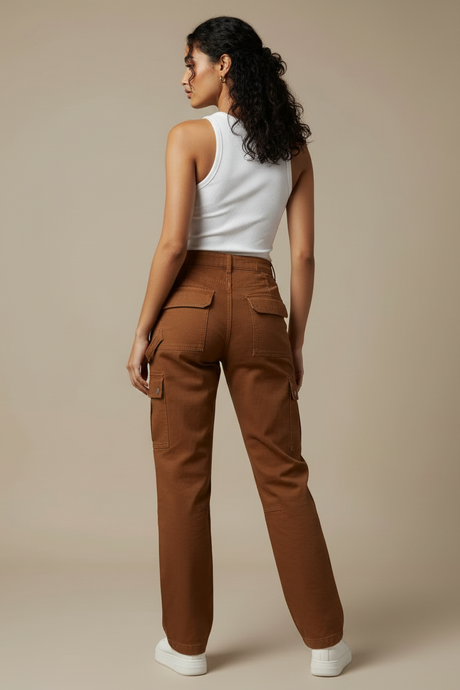 Pantalon Cargo Marron Droit Multipoches Décontracté Femme - Gabardine - vue 2