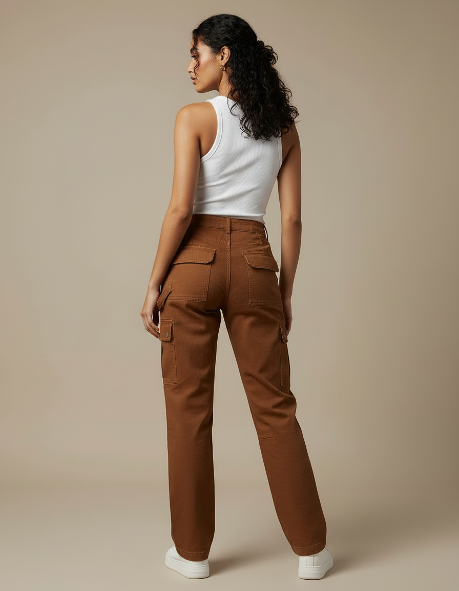 Pantalon Cargo Marron Droit Multipoches Décontracté Femme - Gabardine - vue 2