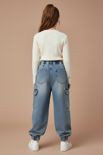 Pantalon Cargo Jean Ample Multipoches Enfant Décontracté - Bleu - vue 2