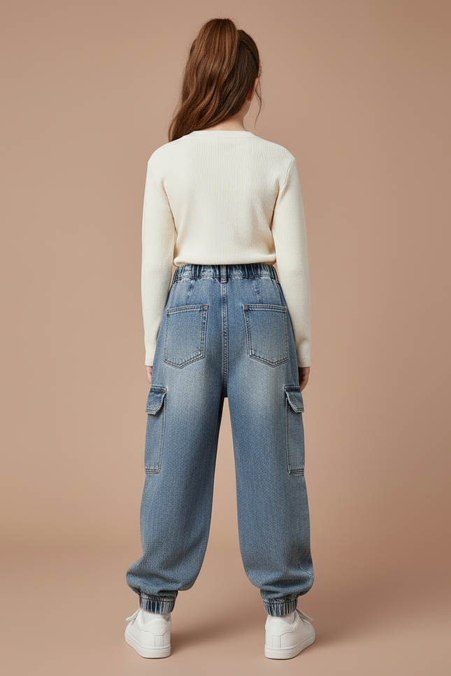 Pantalon Cargo Jean Ample Multipoches Enfant Décontracté - Bleu - vue 2