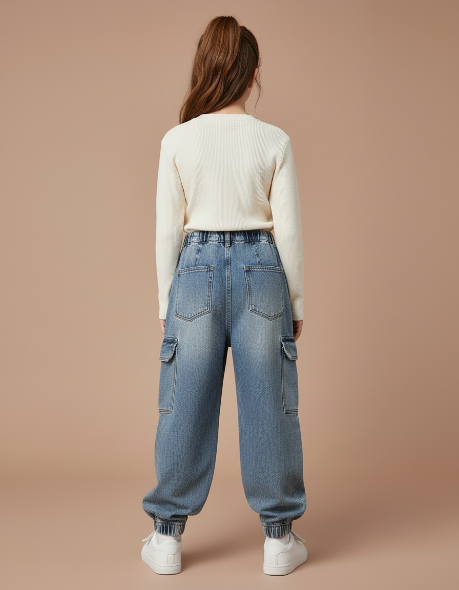 Pantalon Cargo Jean Ample Multipoches Enfant Décontracté - Bleu - vue 2