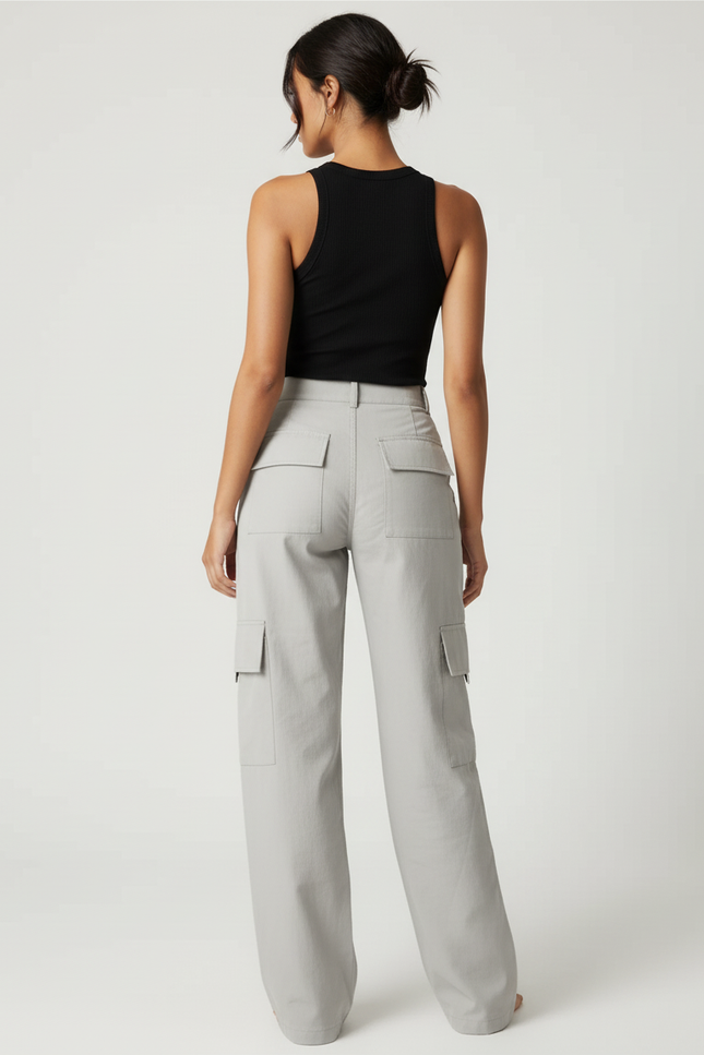 Pantalon Cargo Gris Ample Taille Haute Femme - Toile - vue 2