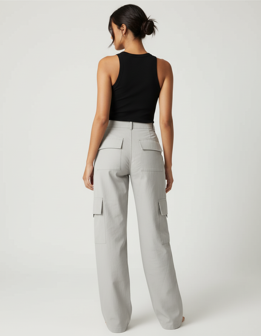 Pantalon Cargo Gris Ample Taille Haute Femme - Toile - vue 2