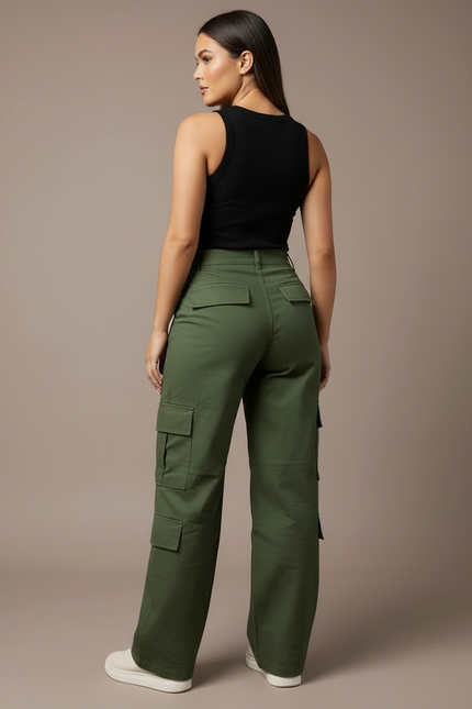 Pantalon Cargo Vert Militaire Ample Femme - Toile - vue 2