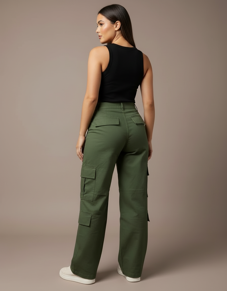 Pantalon Cargo Vert Militaire Ample Femme - Toile - vue 2