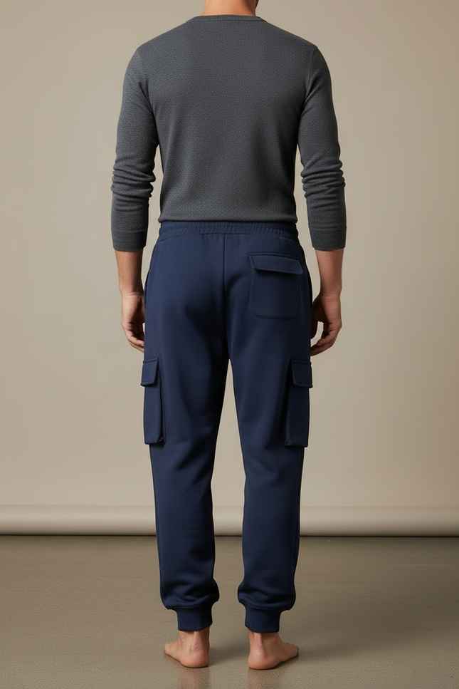 Pantalon Cargo Bleu Marine Molletonné Ample Cordon Multi-Poches - vue 2