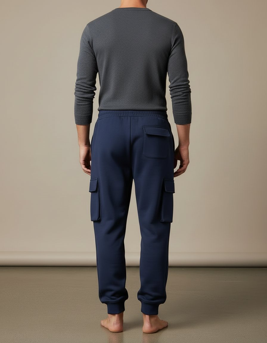 Pantalon Cargo Bleu Marine Molletonné Ample Cordon Multi-Poches - vue 2