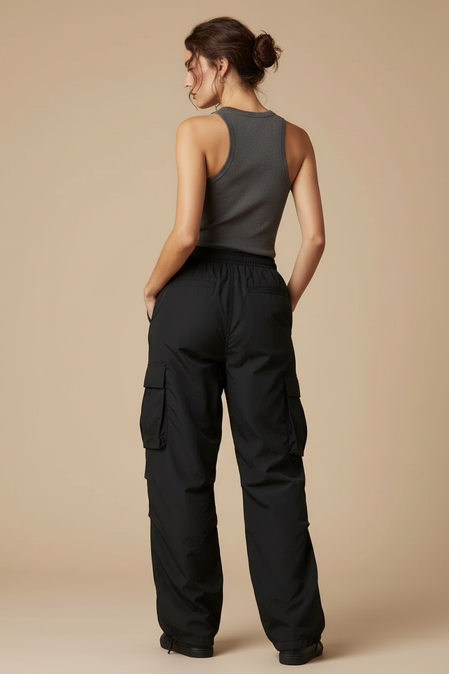 Pantalon Cargo Noir Fluide Ample Femme - Polyester - vue 2