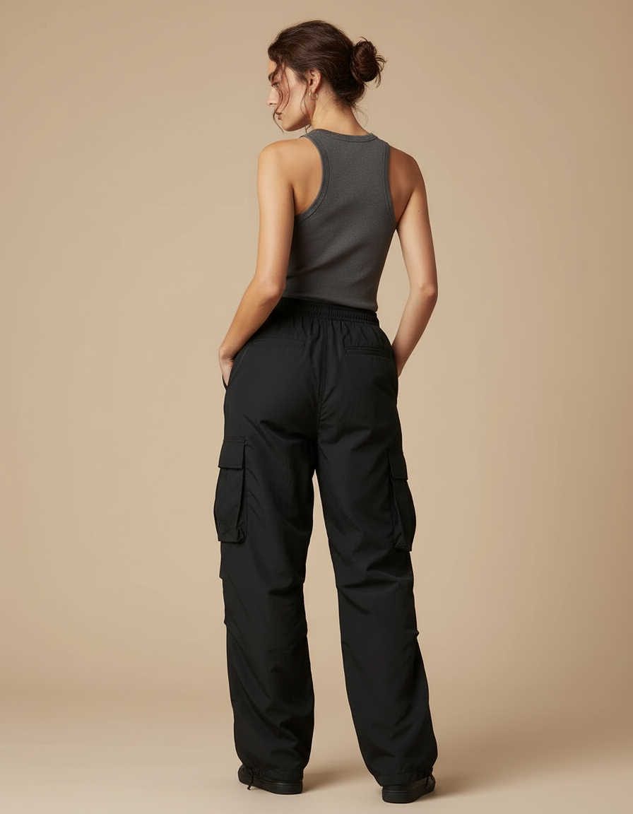 Pantalon Cargo Noir Fluide Ample Femme - Polyester - vue 2