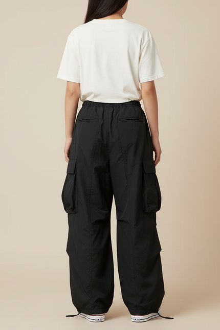 Pantalon Cargo Noir Ample Fluide Multi-Poches - Polyester - vue 2