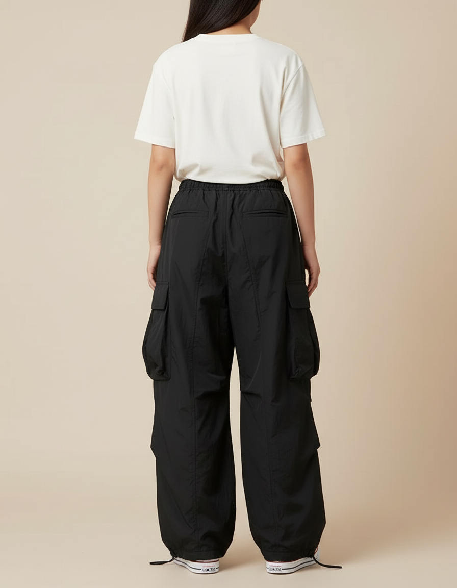 Pantalon Cargo Noir Ample Fluide Multi-Poches - Polyester - vue 2
