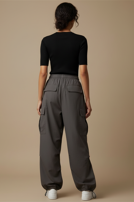 Pantalon Cargo Gris Ample Décontracté Cordon Femme - Polyester - vue 2