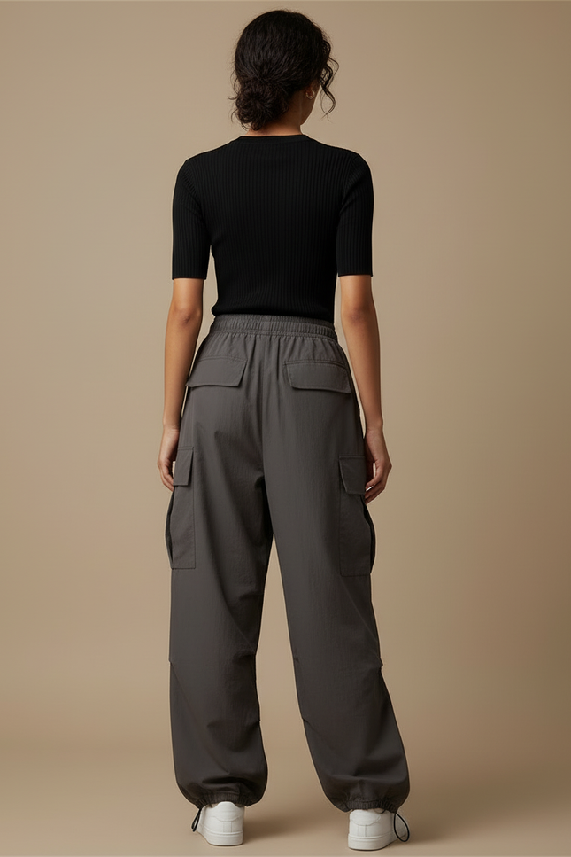 Pantalon Cargo Gris Ample Décontracté Cordon Femme - Polyester - vue 2