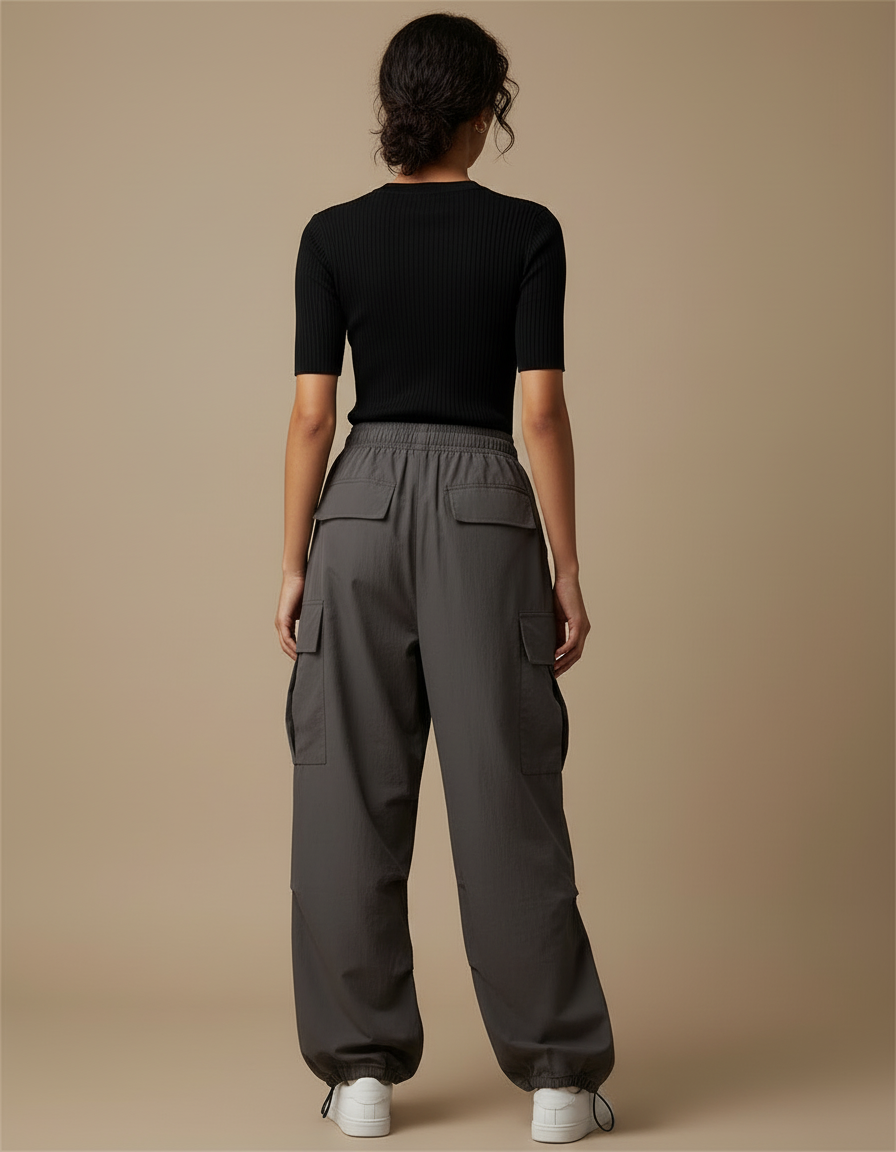 Pantalon Cargo Gris Ample Décontracté Cordon Femme - Polyester - vue 2