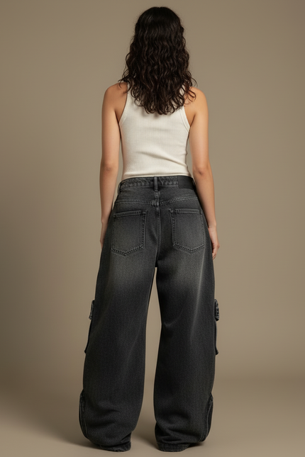 Pantalon Cargo Noir Délavé Ample Multipoches Femme - Gris Jean - vue 2