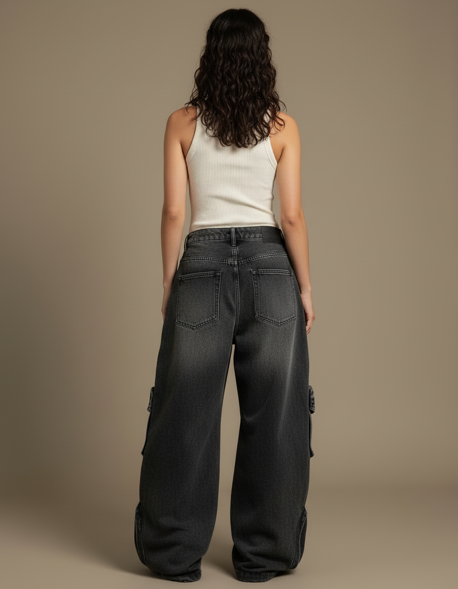 Pantalon Cargo Noir Délavé Ample Multipoches Femme - Gris Jean - vue 2
