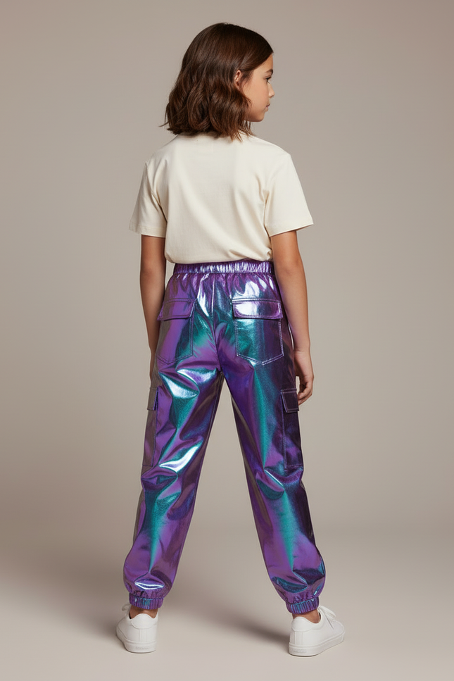 Pantalon Cargo Métallique Holographique Ample Brillant Enfant - Multicolore Polyester - vue 2