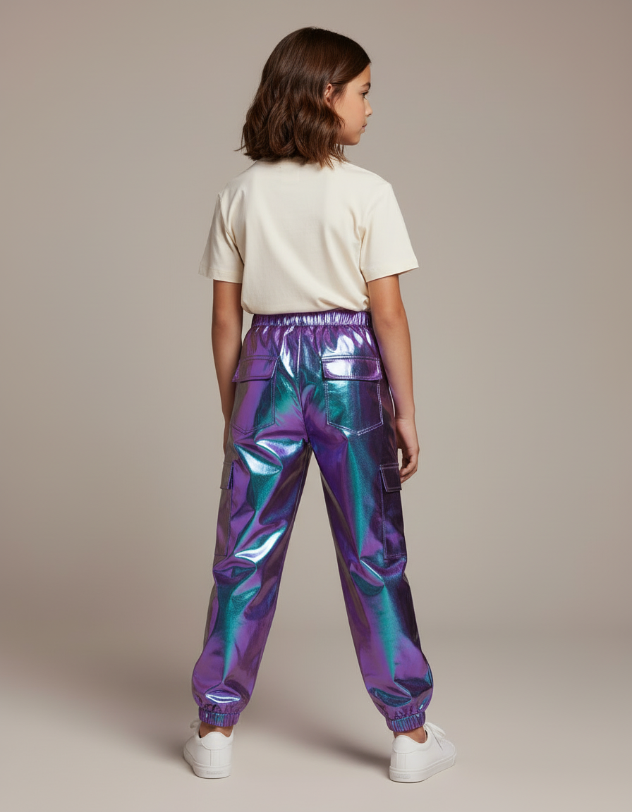 Pantalon Cargo Métallique Holographique Ample Brillant Enfant - Multicolore Polyester - vue 2