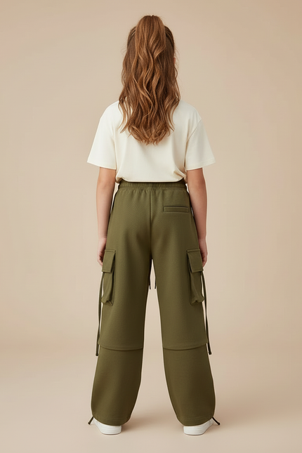 Pantalon Cargo Vert Ample Multipoches Décontracté Enfant - Kaki Molleton - vue 2
