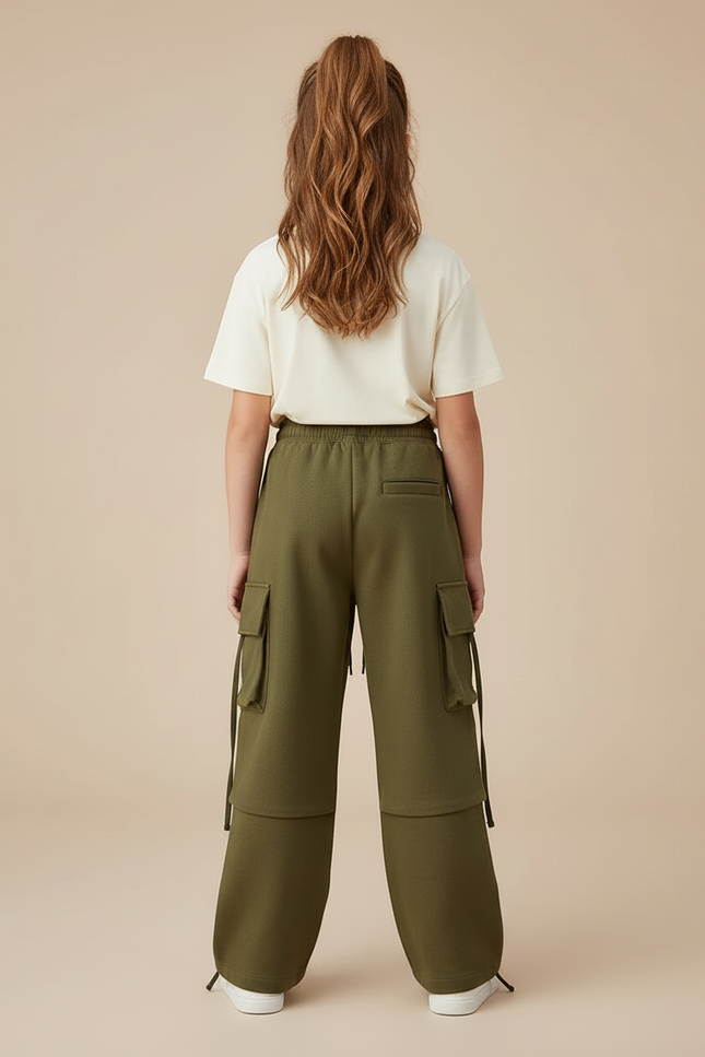 Pantalon Cargo Vert Ample Multipoches Décontracté Enfant - Kaki Molleton - vue 2