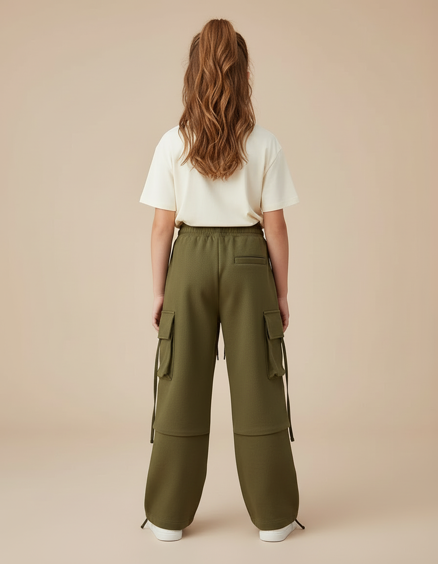 Pantalon Cargo Vert Ample Multipoches Décontracté Enfant - Kaki Molleton - vue 2