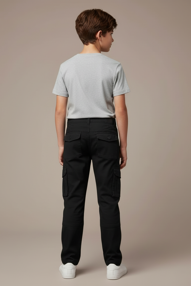 Pantalon Cargo Noir Coton Multipoches Décontracté Garçon - vue 2