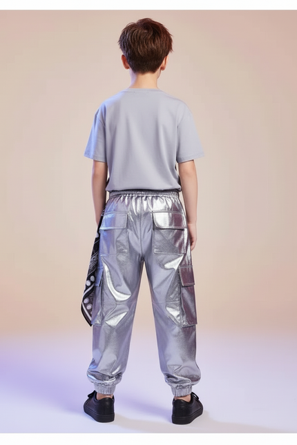 Pantalon Cargo Argenté Ample Flammé Brillant Enfant - Simili cuir - vue 2