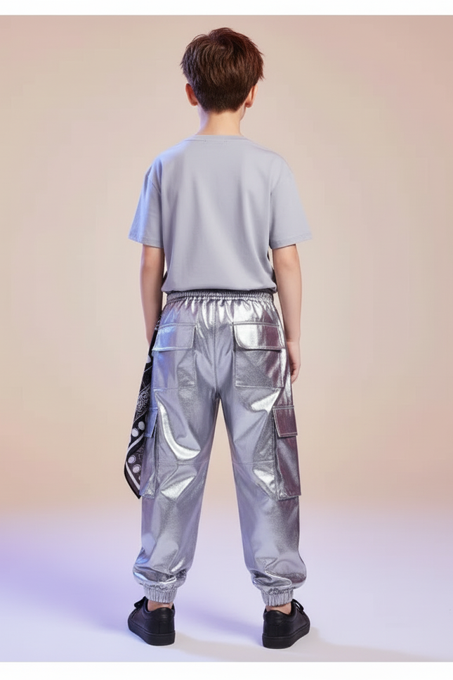 Pantalon Cargo Argenté Ample Flammé Brillant Enfant - Simili cuir - vue 2