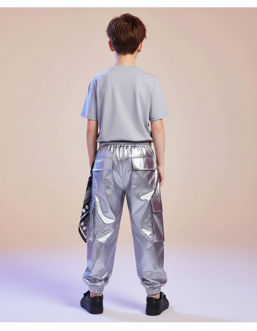 Pantalon Cargo Argenté Ample Flammé Brillant Enfant - Simili cuir - vue 2