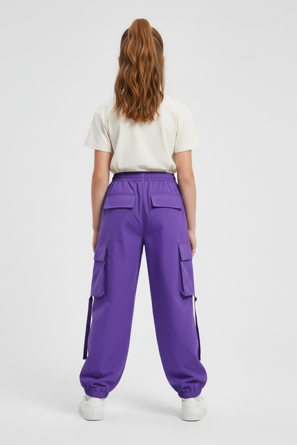 Pantalon Cargo Violet Ample Poches Sangles Enfant - Polyester - vue 2