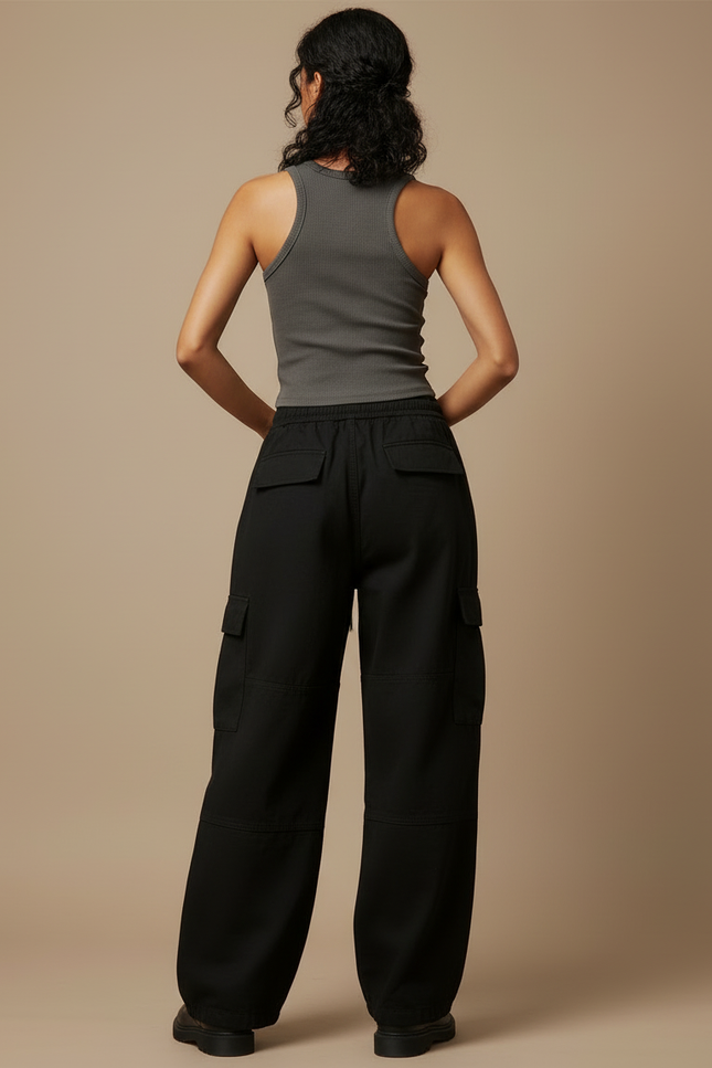 Pantalon Cargo Noir Ample Décontracté Multipoches Streetwear - Toile - vue 2