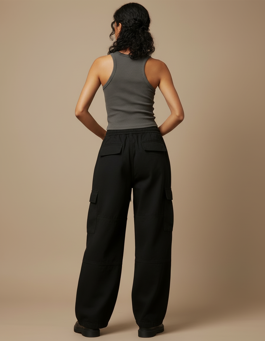 Pantalon Cargo Noir Ample Décontracté Multipoches Streetwear - Toile - vue 2