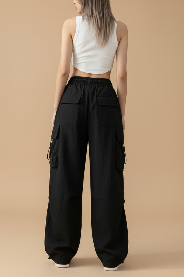 Pantalon Cargo Noir Ample Multi-Poches Décontracté Femme - Polyester - vue 2