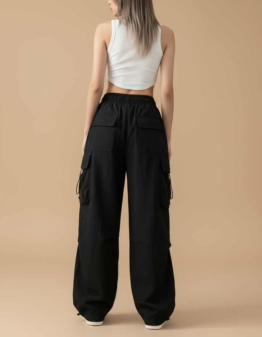 Pantalon Cargo Noir Ample Multi-Poches Décontracté Femme - Polyester - vue 2