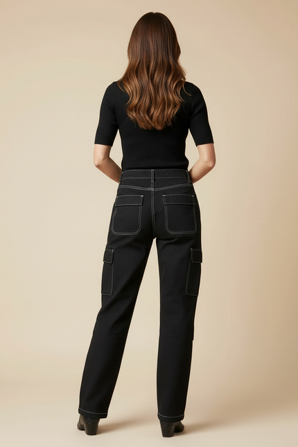 Pantalon Cargo Noir Décontracté Multipoches Surpiqûres Blanches - Toile - vue 2
