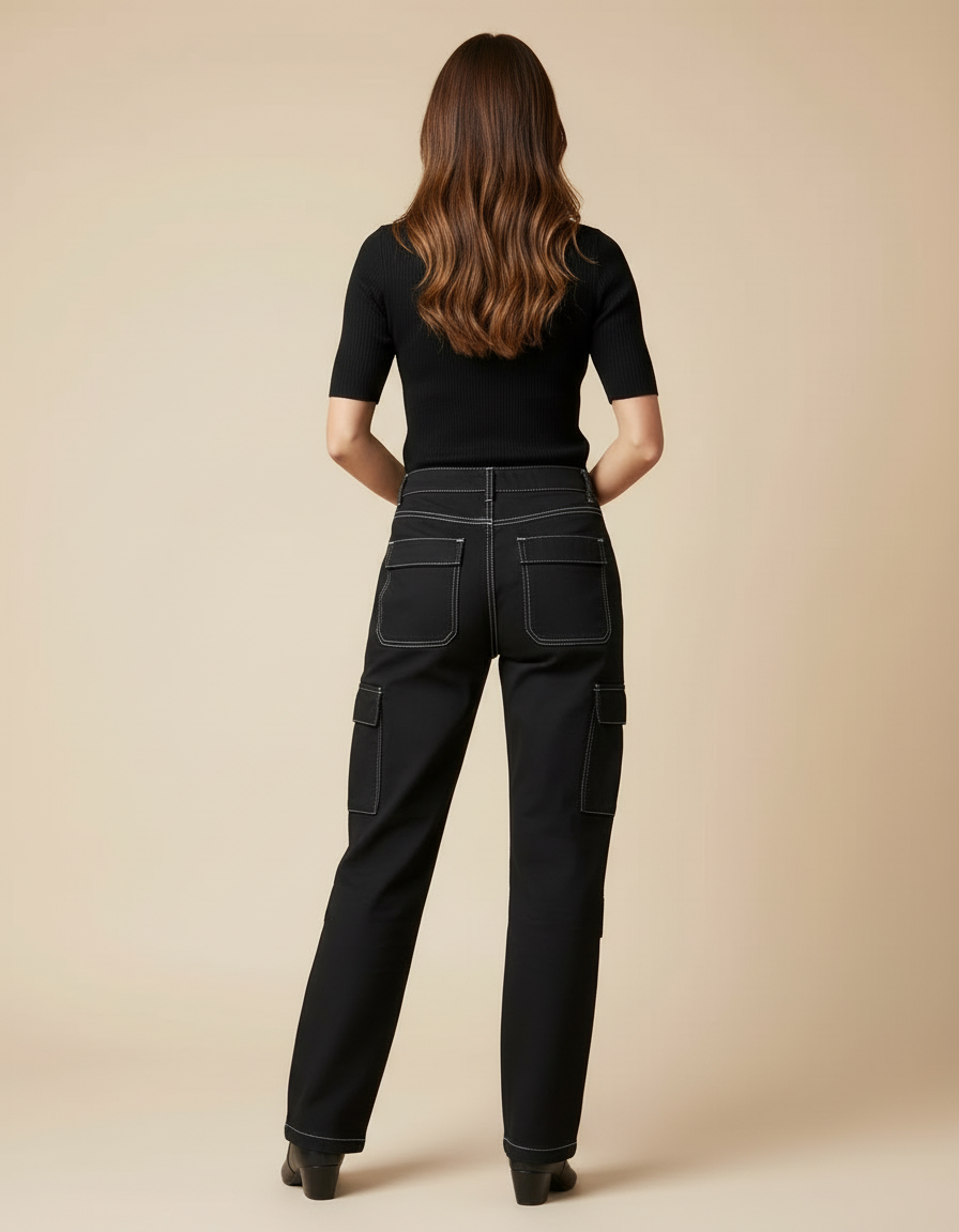 Pantalon Cargo Noir Décontracté Multipoches Surpiqûres Blanches - Toile - vue 2