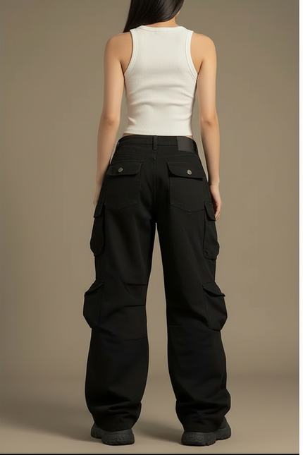 Pantalon Cargo Noir Ample Multipoches Y2K Femme - Toile - vue 2