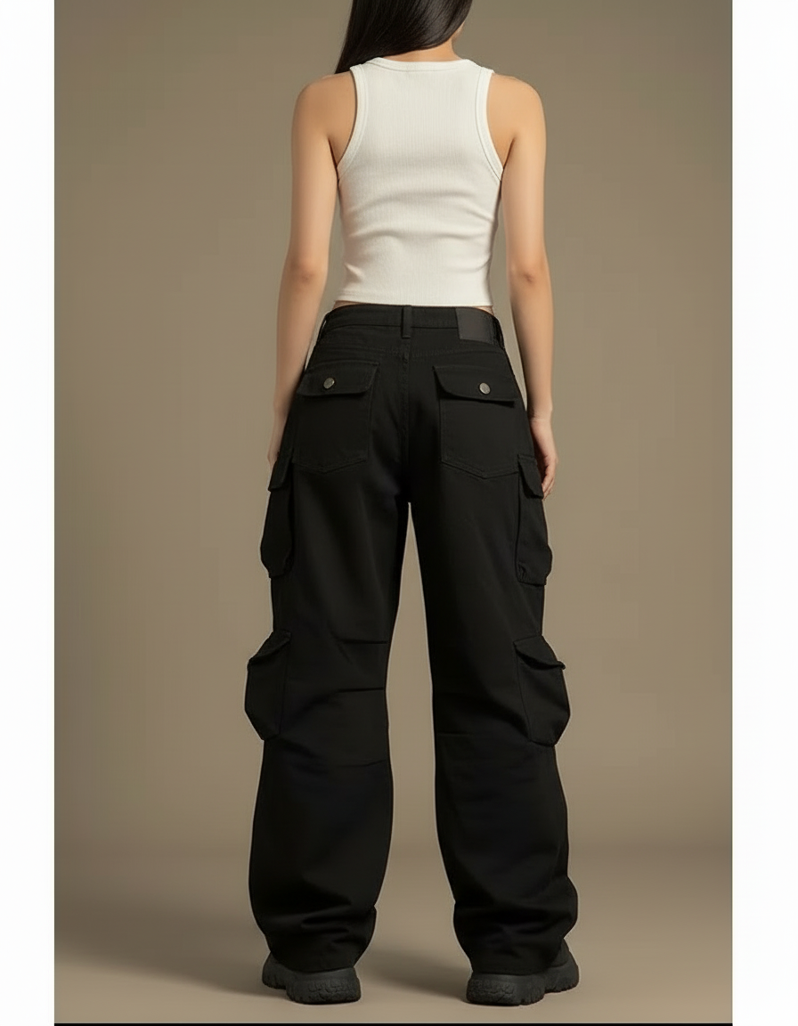 Pantalon Cargo Noir Ample Multipoches Y2K Femme - Toile - vue 2