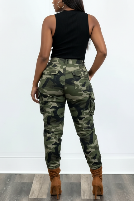 Pantalon Cargo Camouflage Militaire Slim Bretelles Femme - Kaki Toile - vue 2