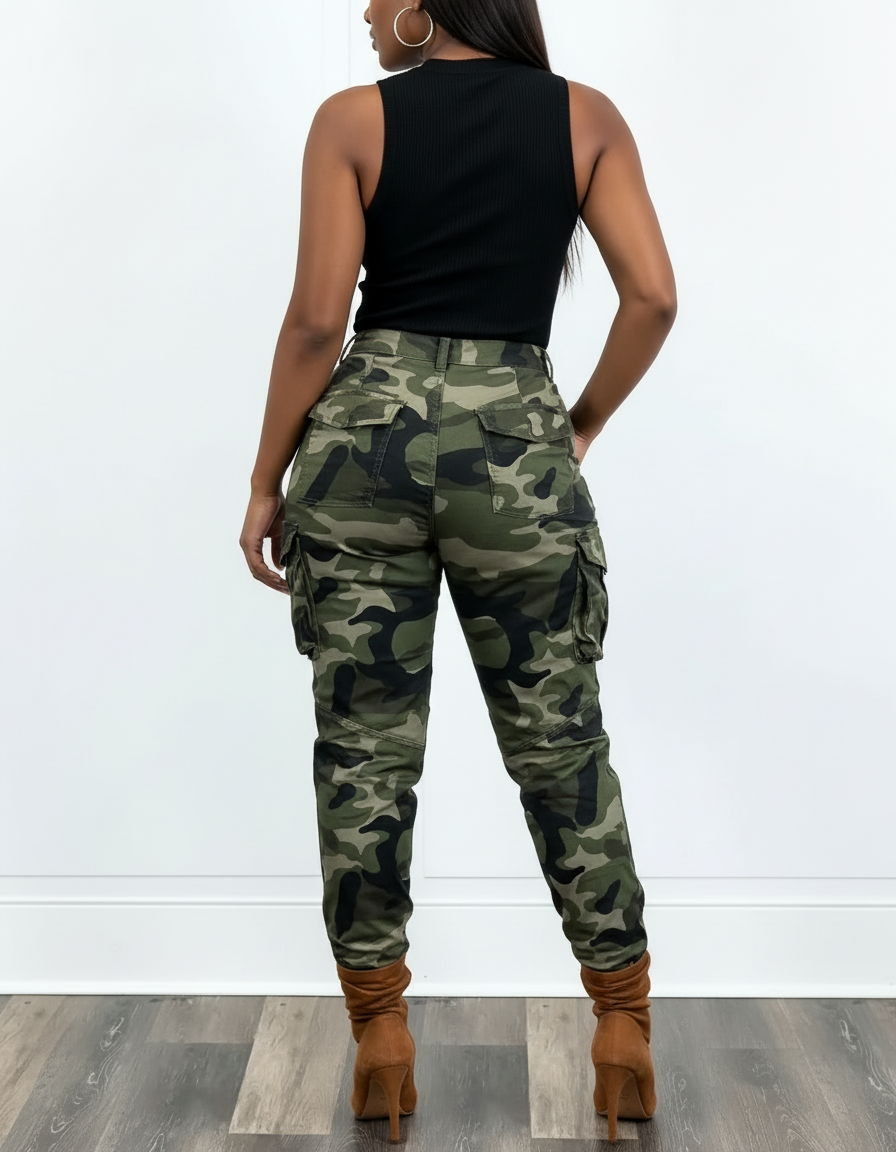 Pantalon Cargo Camouflage Militaire Slim Bretelles Femme - Kaki Toile - vue 2