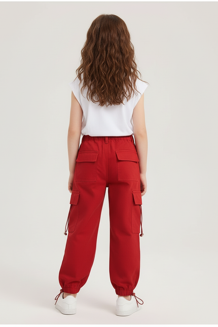 Pantalon Cargo Rouge Ample Coton Poches Fille - vue 2