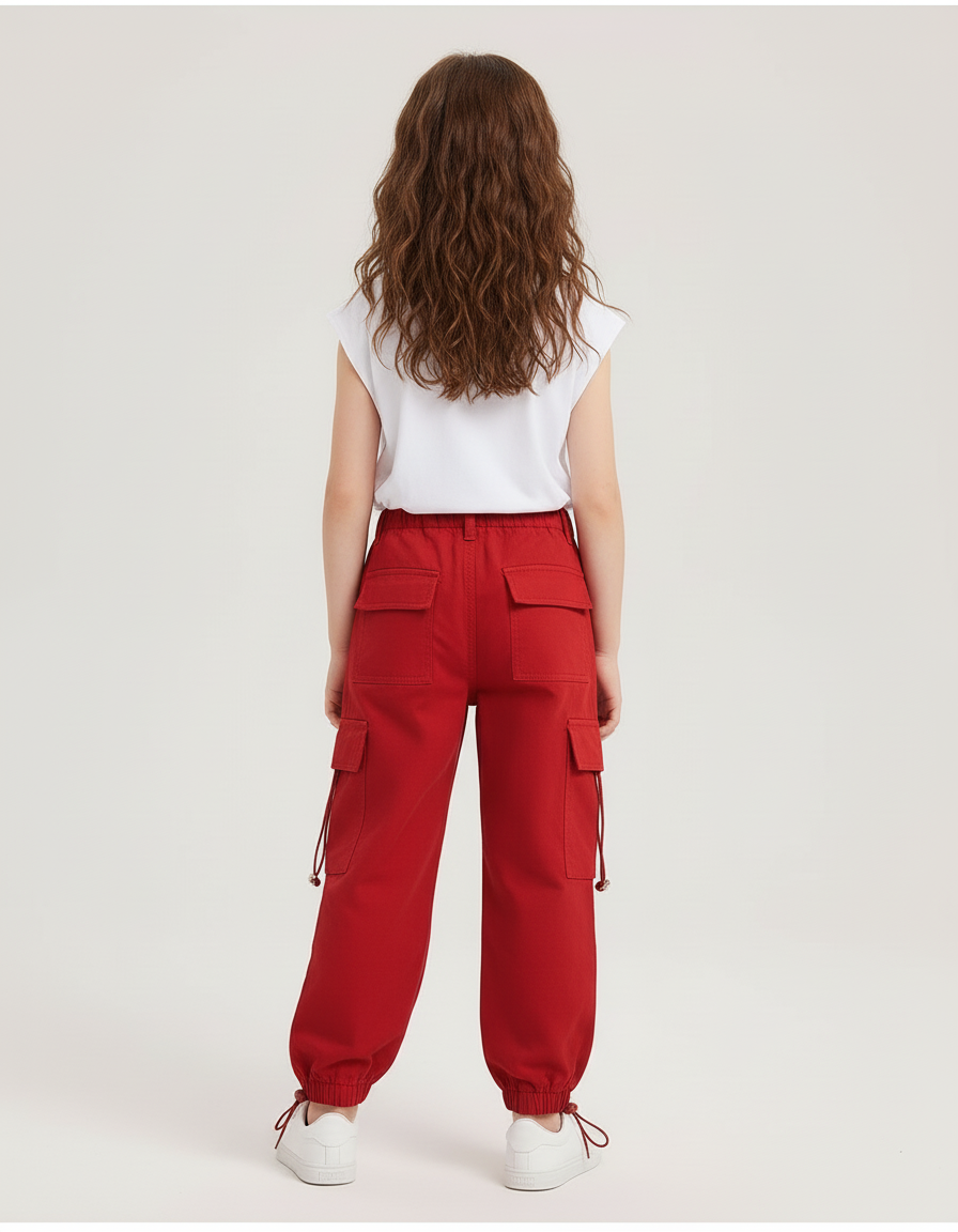 Pantalon Cargo Rouge Ample Coton Poches Fille - vue 2