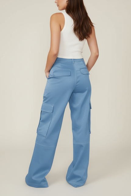 Pantalon Cargo Bleu Satin Ample Poches Femme - vue 2