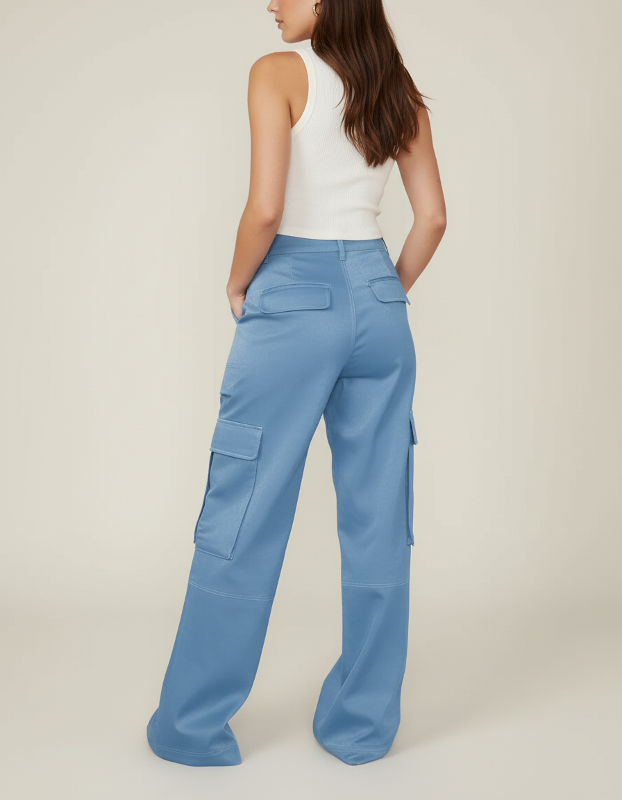 Pantalon Cargo Bleu Satin Ample Poches Femme - vue 2