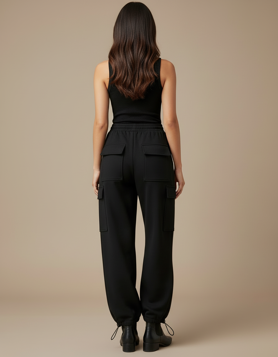 Pantalon Cargo Noir Ample Molletonné Sportif Femme - vue 2