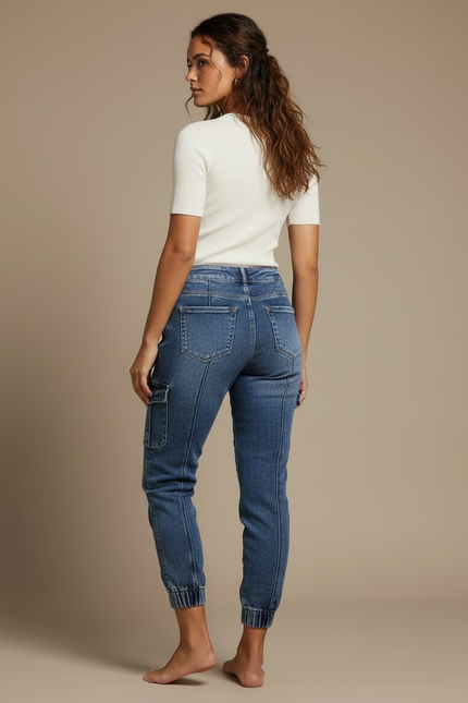 Pantalon Cargo Jean Bleu Délavé Taille Haute Femme - vue 2
