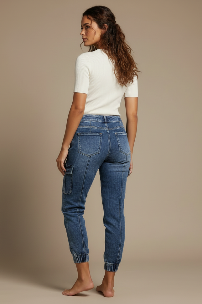 Pantalon Cargo Jean Bleu Délavé Taille Haute Femme - vue 2